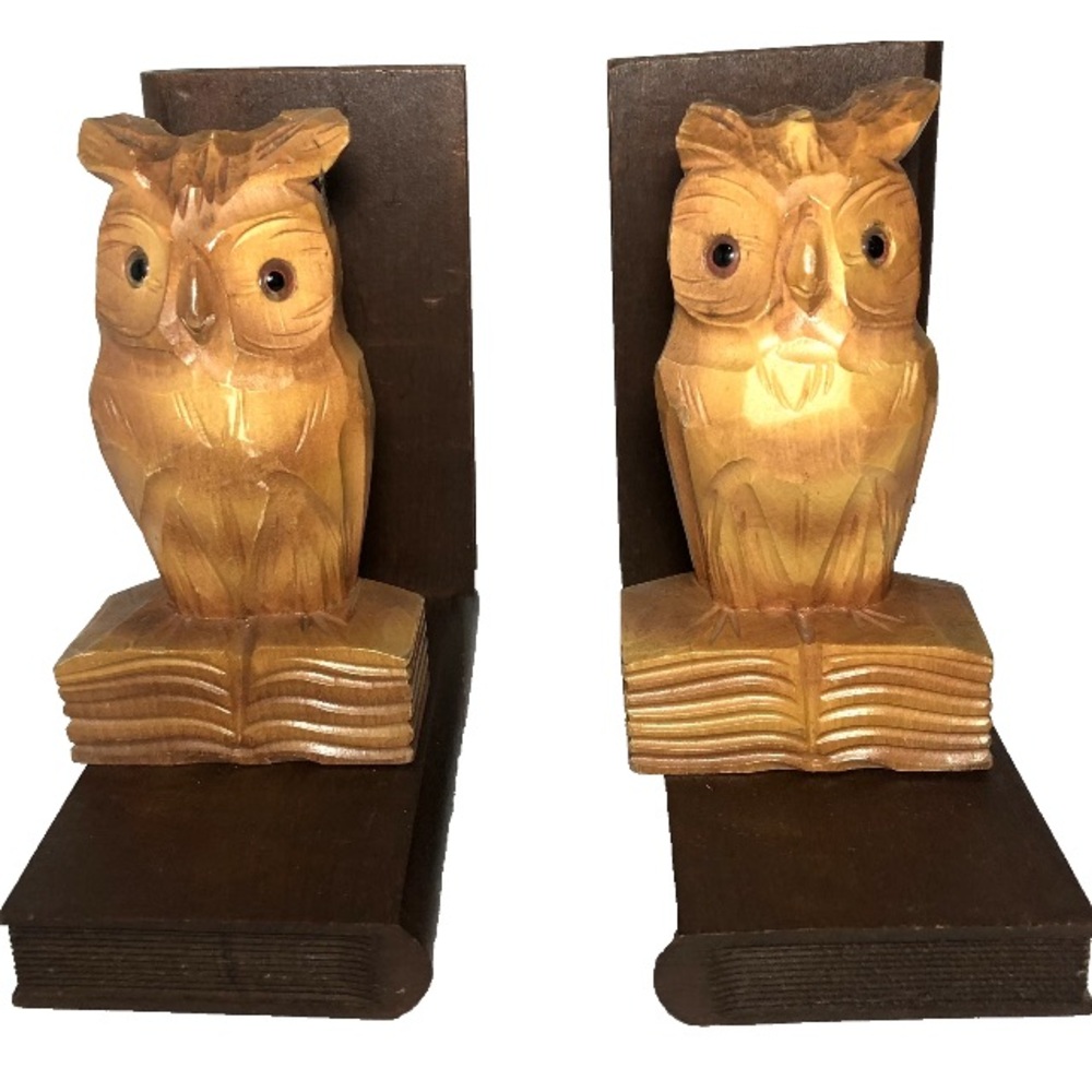 Vintage Handmade Wooden Owl Bookends Folk Art Made in West Germany